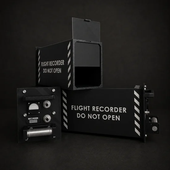 Réplica personalizada de caja negra de avión para Controlar mostrada abierta y con sus componentes