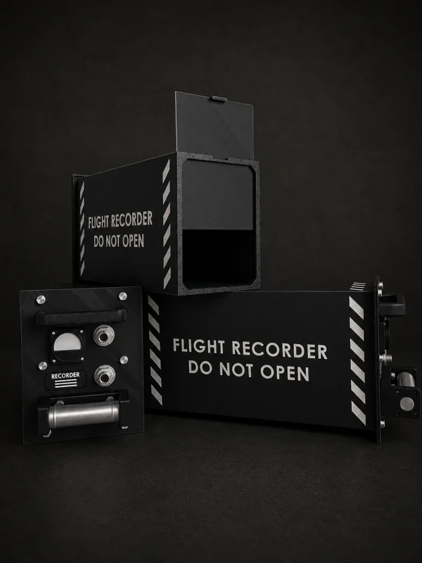 Réplica personalizada de caja negra de avión para Controlar mostrada abierta y con sus componentes