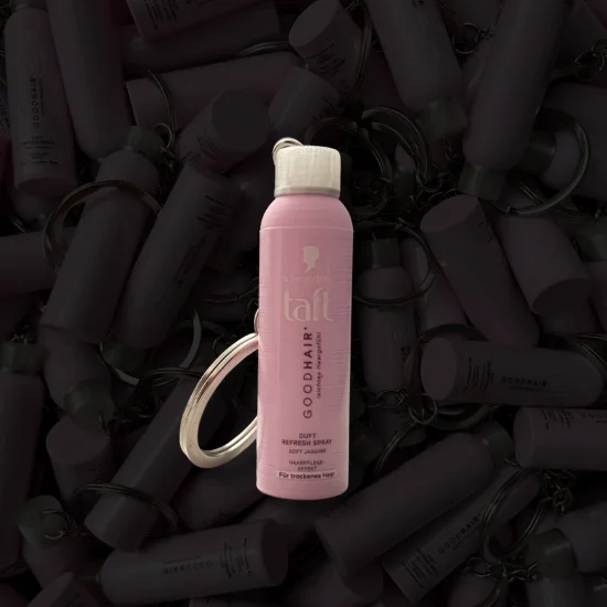 Llavero 3D personalizado con forma de spray TAFT Good Hair de Schwarzkopf