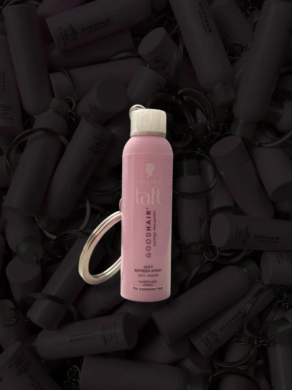 Llavero 3D personalizado con forma de spray TAFT Good Hair de Schwarzkopf